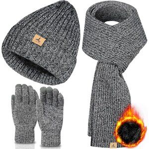 Men's Black White 3 PCS Set Winter Warm Beanie Hat Long Knit Scarf Gloves